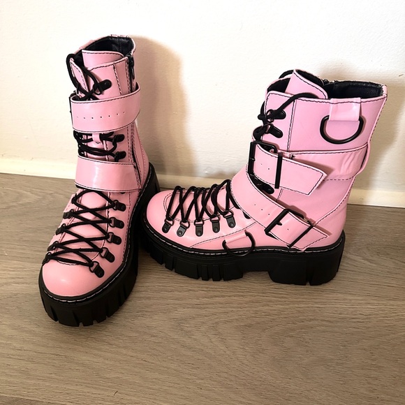 Club Exx Pink Platform Combat Boots - Women's Chunky Lace-Up Boots - Picture 3 of 6